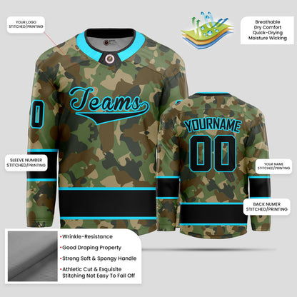 Custom Fine Quality Black and Sky Blue Camo Hockey Jersey - Personalized & Stylish