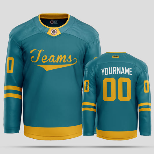 Custom Gold, Teal & White Hockey Jersey