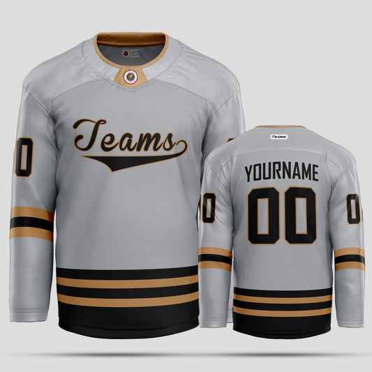 Custom Gray, Gold, and Black Streetwear Hockey Jersey – Trendy & Personalized