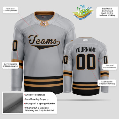 Custom Gray, Gold, and Black Streetwear Hockey Jersey – Trendy & Personalized