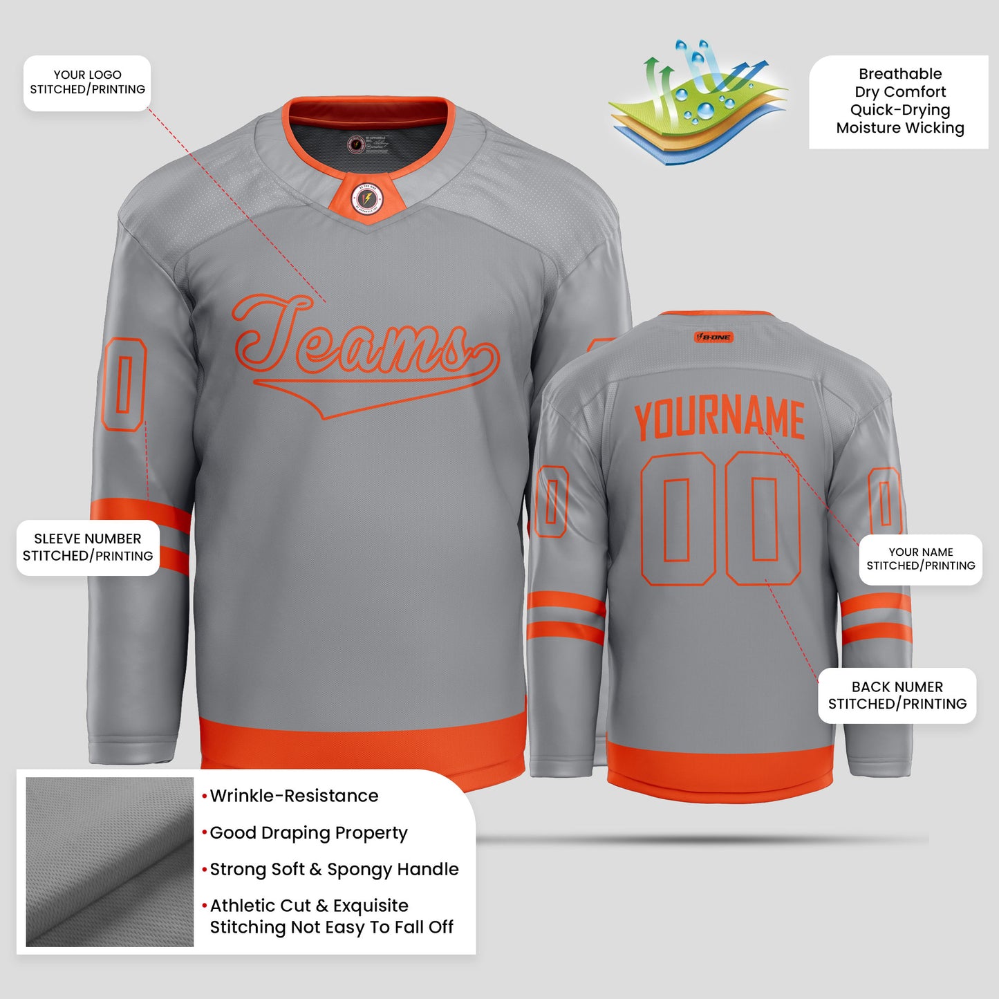 Custom Gray and Orange Streetwear Hockey Jersey – Trendy & Personalized