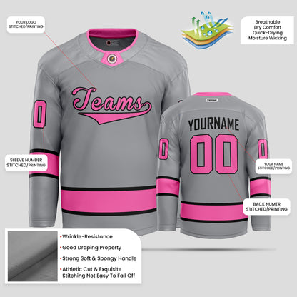 Custom Gray and Pink Authentic Hockey Jersey – Premium Personalized Gear