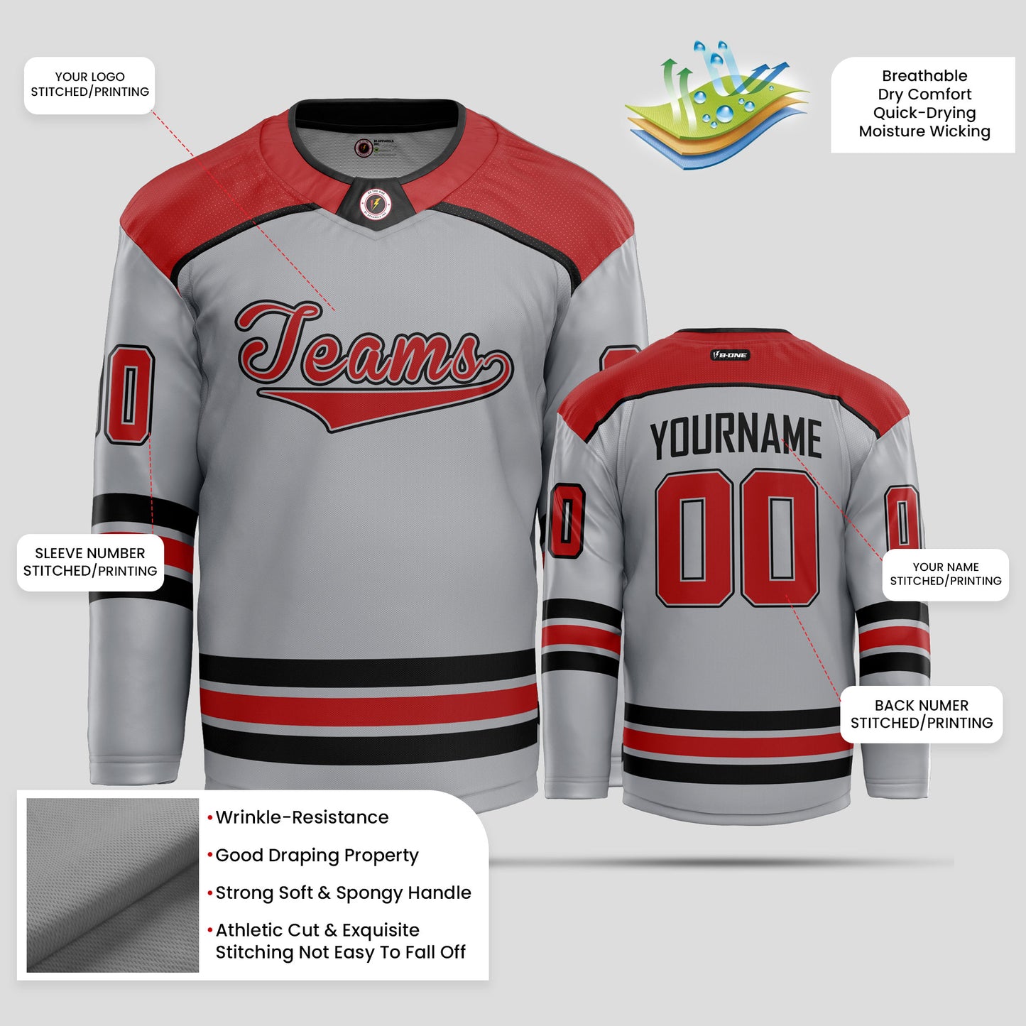 Custom Gray, Red, and Black Street Hockey Jersey – Personalized Performance Gear