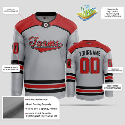 Custom Gray, Red, and Black Street Hockey Jersey – Personalized Performance Gear