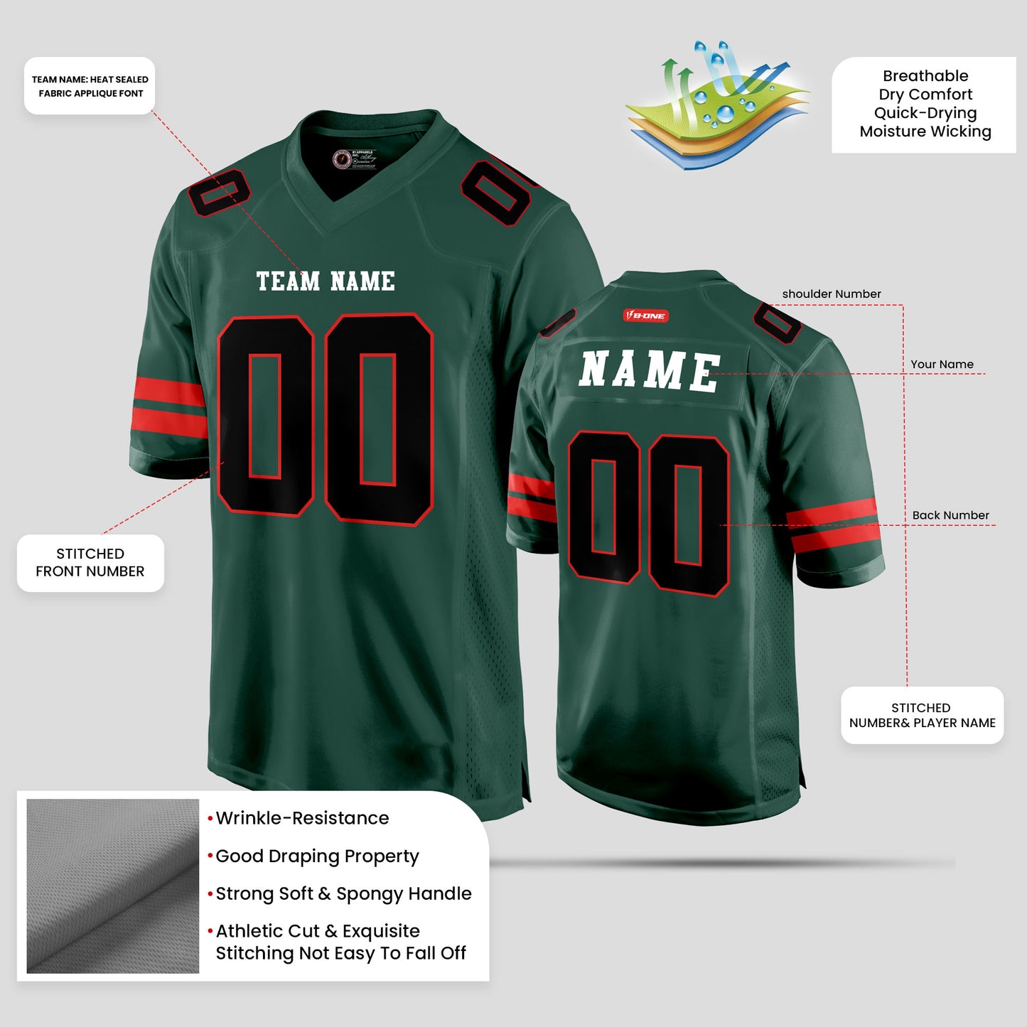 Custom High-Quality Green and Black Football Jersey with Personalized Design