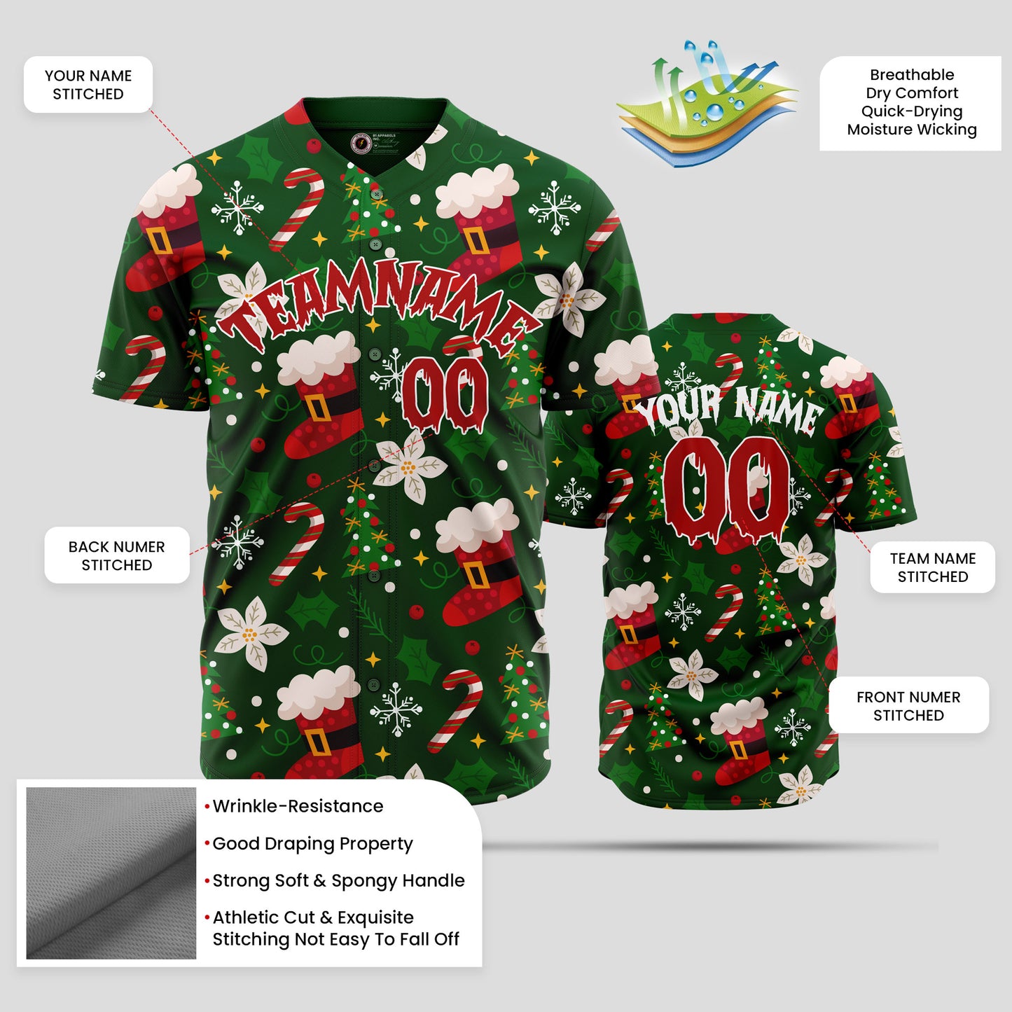 Custom Green 3D Christmas Pattern Baseball Jersey