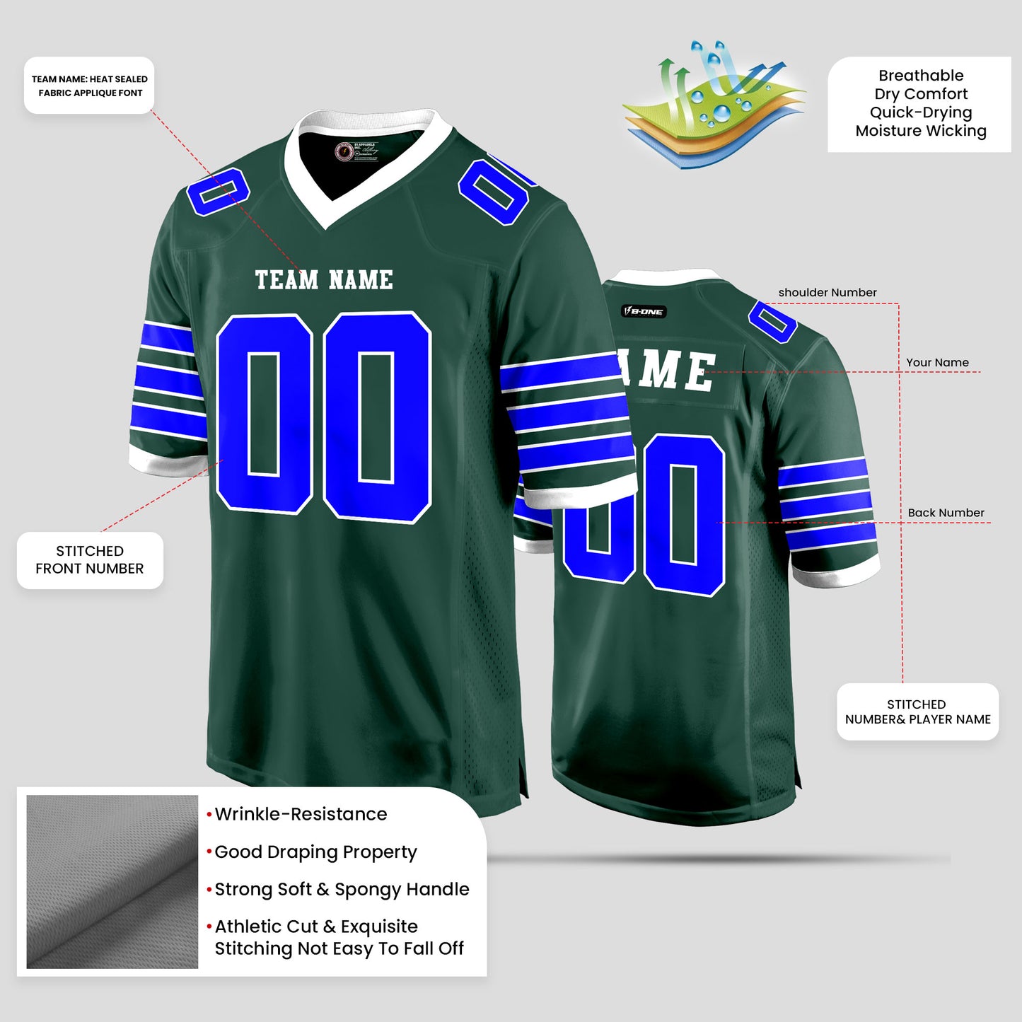 Custom Authentic Green and Light Blue Football Jersey with Personalized Design