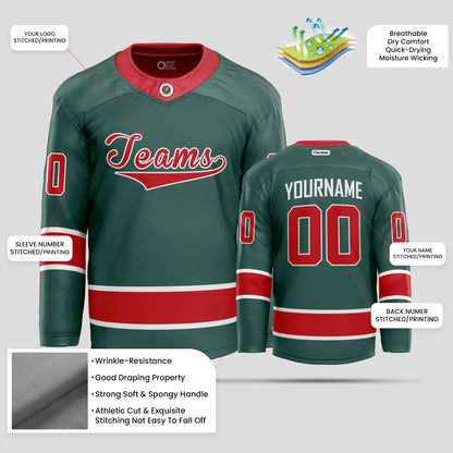 Custom Green, Red, & White Ice Hockey Jersey