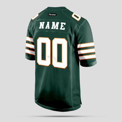 Custom Green, White, and Gold Football Jersey with Personalized Design