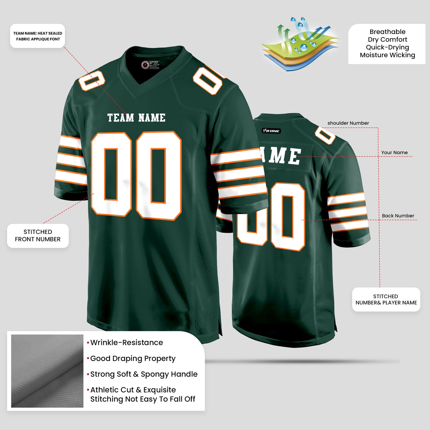 Custom Green, White, and Gold Football Jersey with Personalized Design