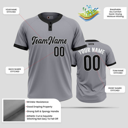 Custom Grey and Black Premium Two-Button Baseball Jersey