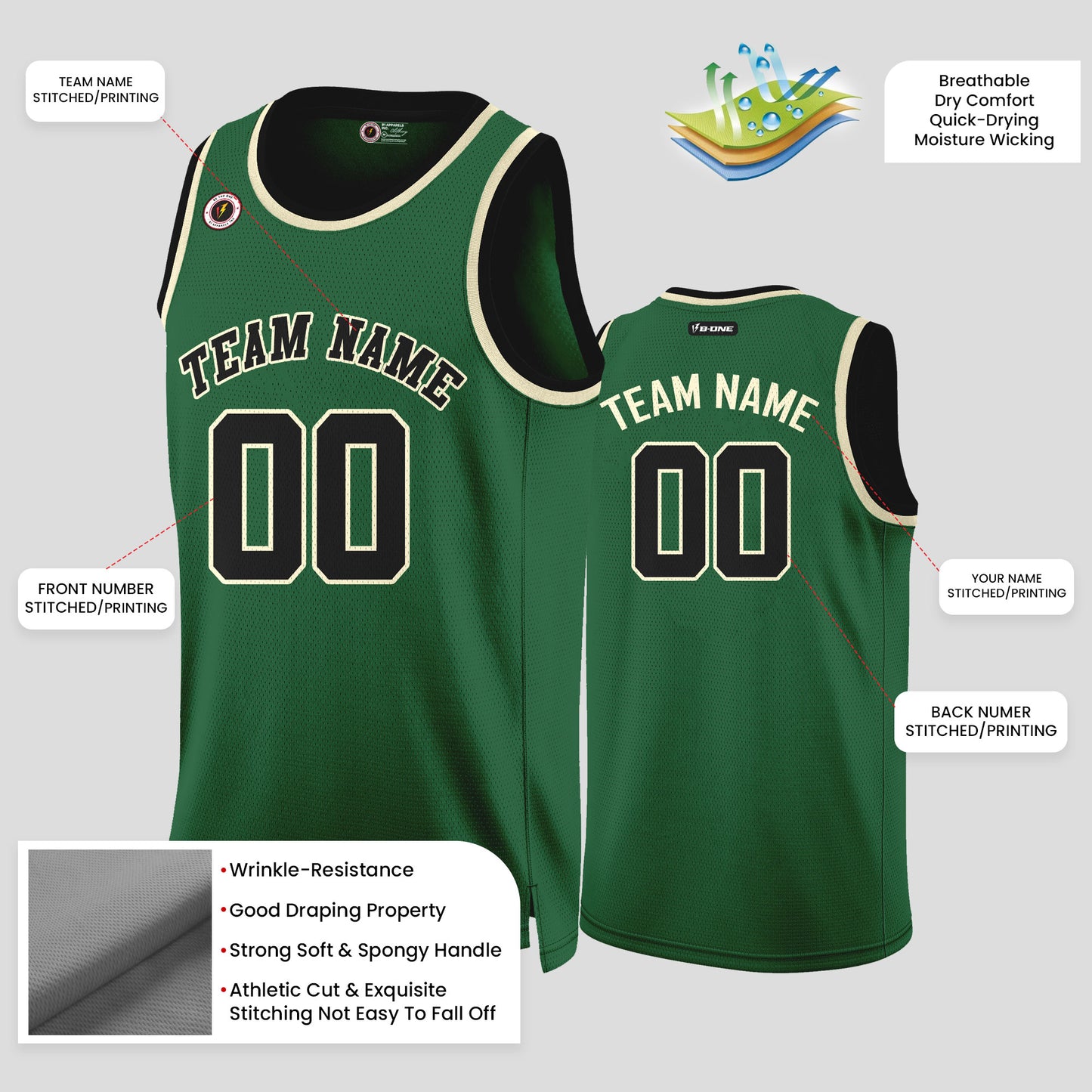 Custom Green, Black, and White Basketball Jerseys – High-Quality Team Uniforms