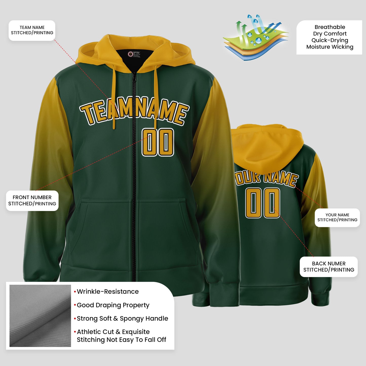 Custom High Quality Green Yellow Pullover Hoodie Sweatshirt