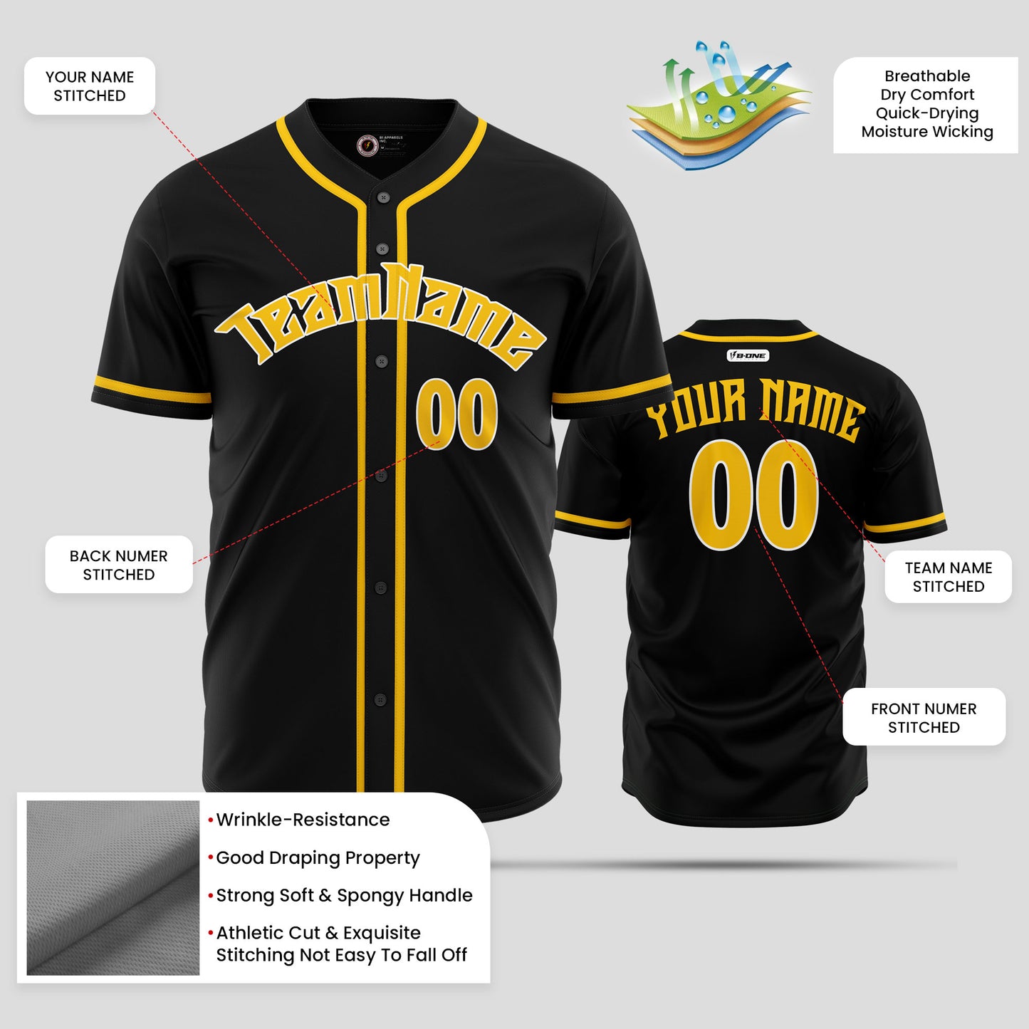 Custom High-Quality Black & Yellow Baseball Jersey