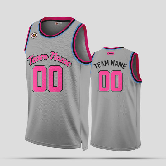 Custom High-Quality Gray and Light Pink Authentic Rib Knit Basketball Jersey