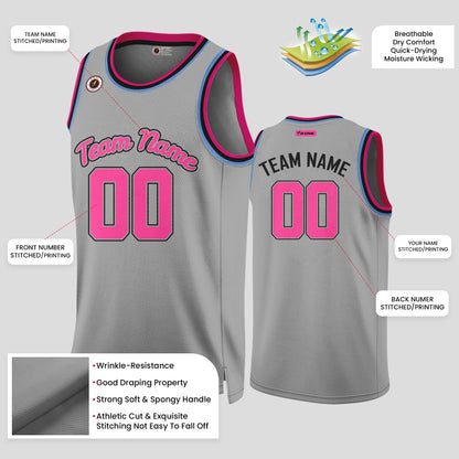 Custom High-Quality Gray and Light Pink Authentic Rib Knit Basketball Jersey