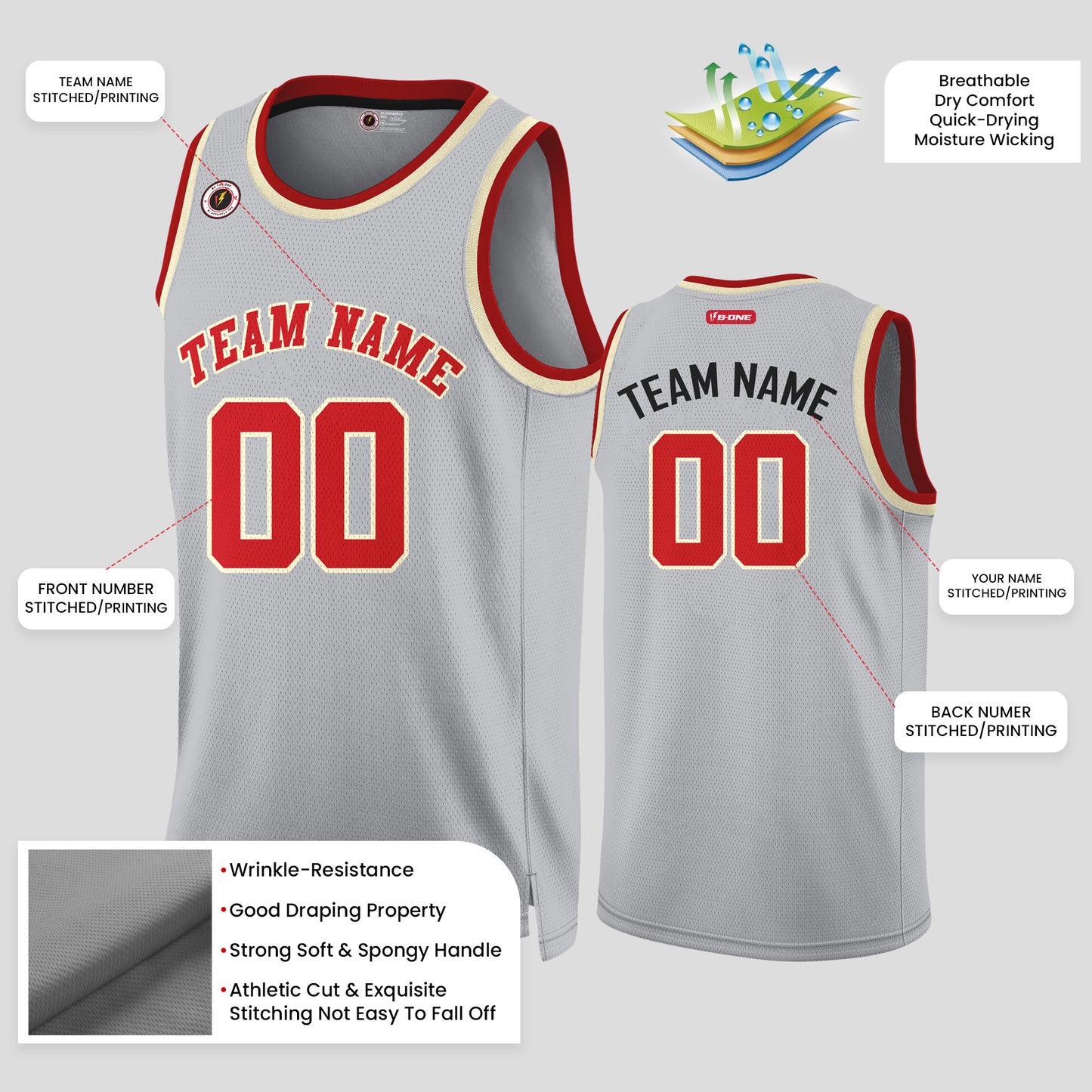 Custom High-Quality Gray and Red Rib Knit Throwback Basketball Jersey