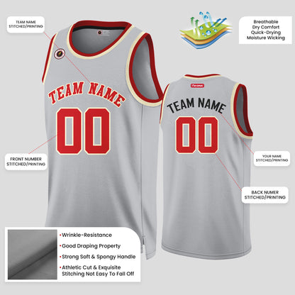 Custom High-Quality Gray and Red Rib Knit Throwback Basketball Jersey