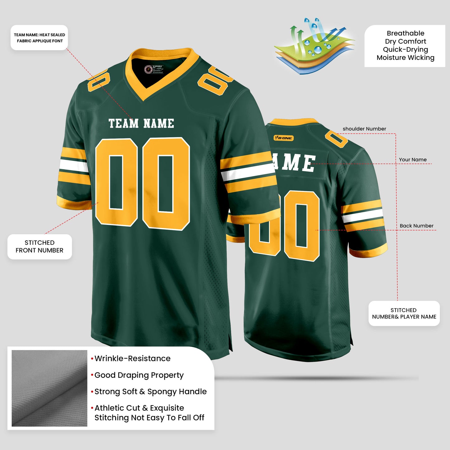 Custom High-Quality Green, Old Gold, and White Football Jersey with Personalized Design