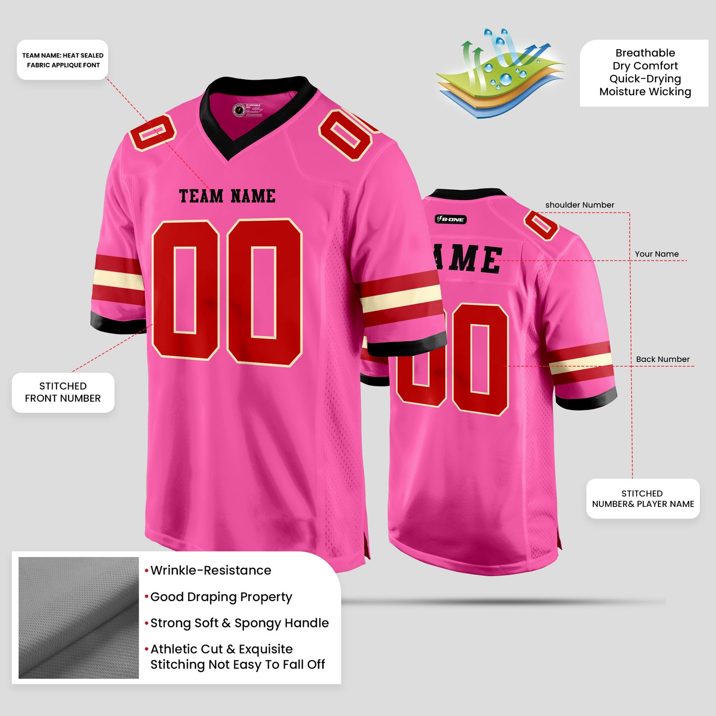 Custom High-Quality Light Pink, Maroon, and White Football Jersey – Personalized for Durability and Style