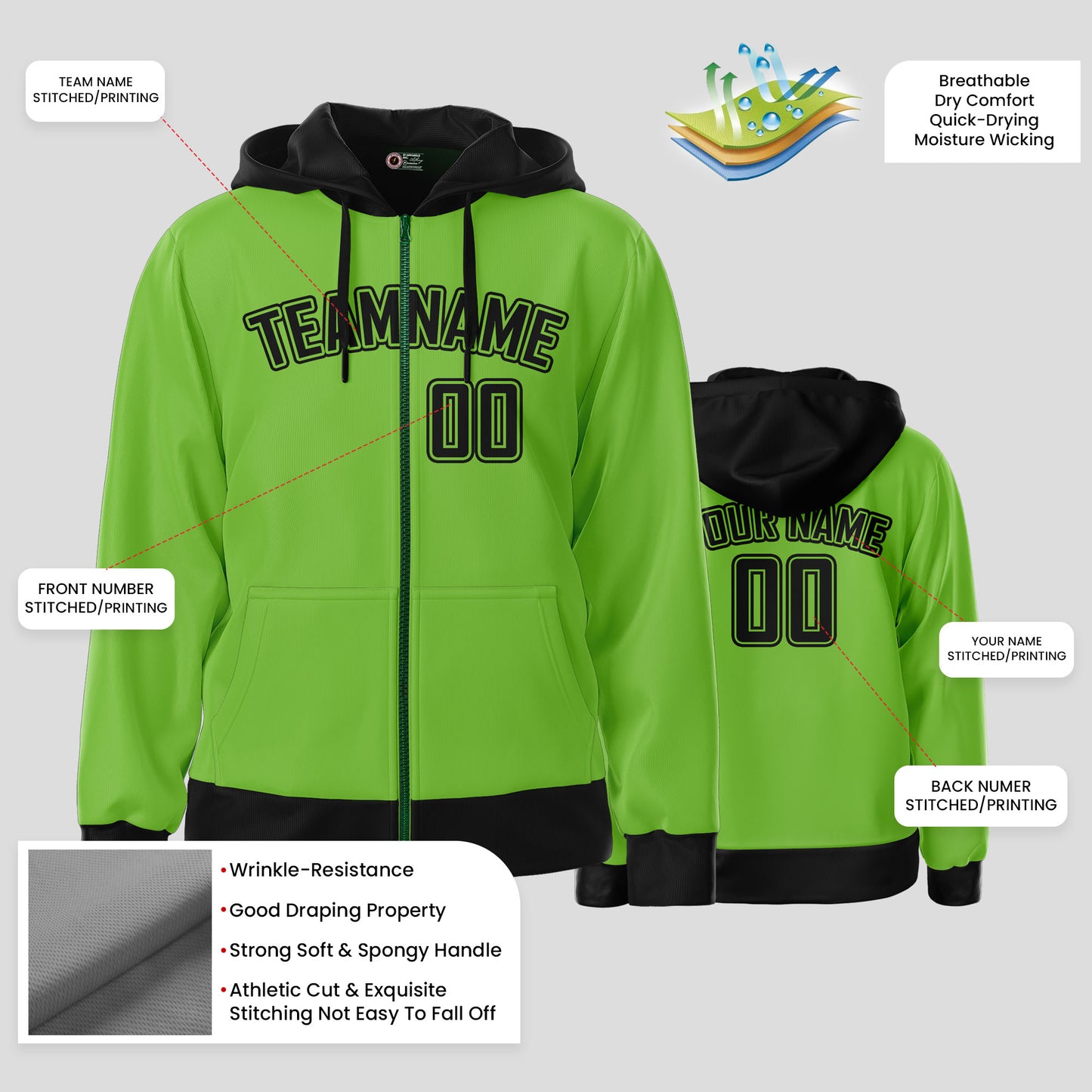 Custom High-Quality Neon Green and Black Pullover Hoodie Sweatshirt