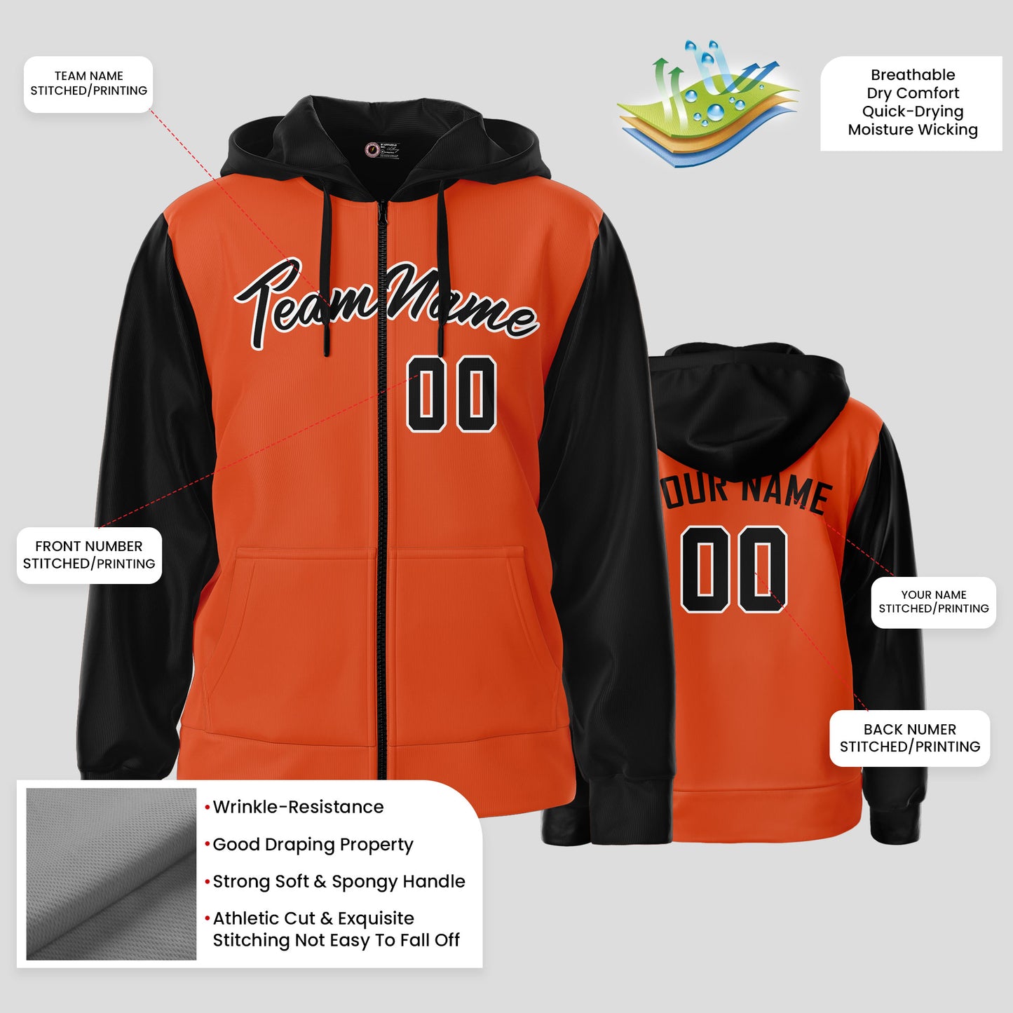 Custom High-Quality Orange and Black Pullover Hoodie Sweatshirt