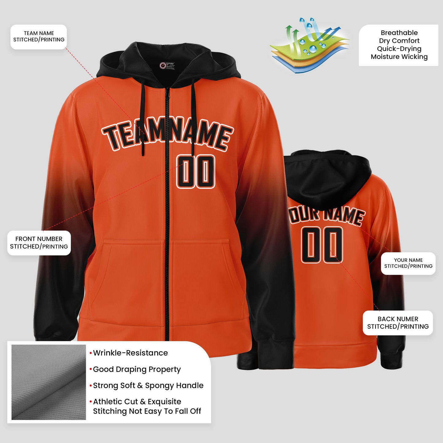 Custom High-Quality Orange and Black Pullover Sports Hoodie Sweatshirt