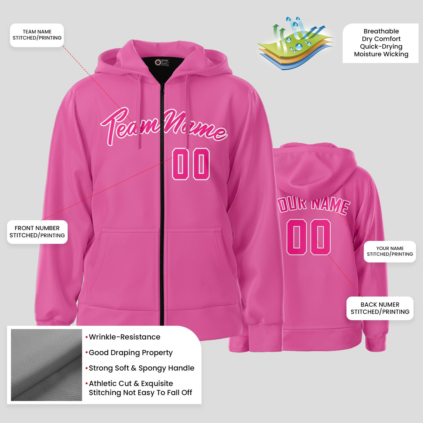 Custom High-Quality Pink Sports Pullover Sweatshirt Hoodie