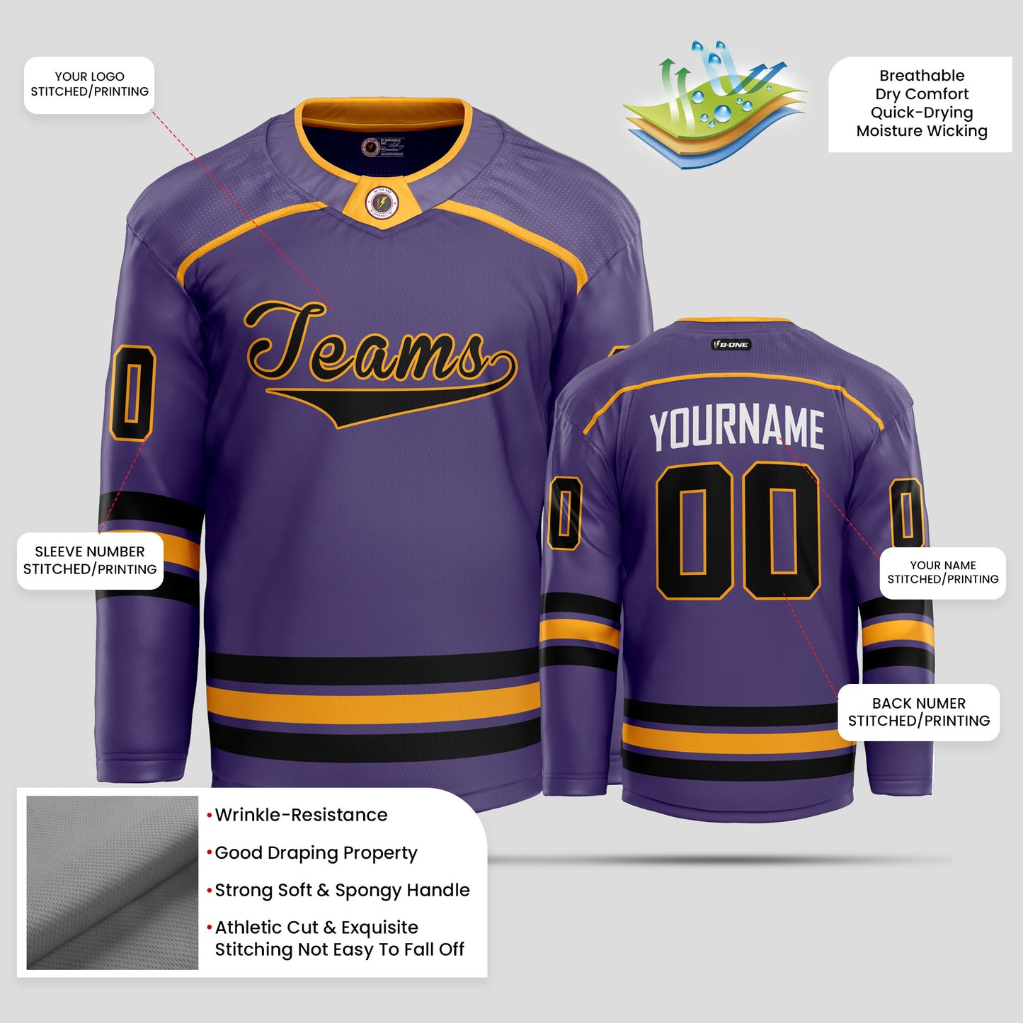 Custom High-Quality Purple, Black, and Yellow Hockey Jersey - Personalized Team Uniform