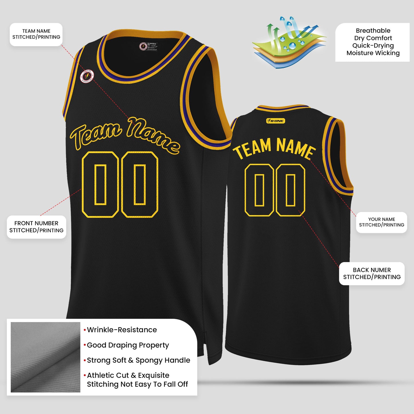 Custom High-Quality Black and Gold Rib Knit Round Neck Basketball Jersey