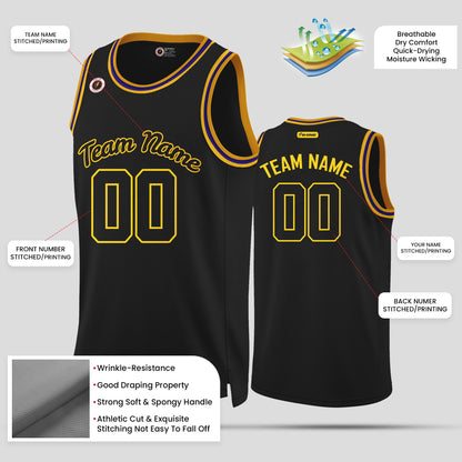 Custom High-Quality Black and Gold Rib Knit Round Neck Basketball Jersey