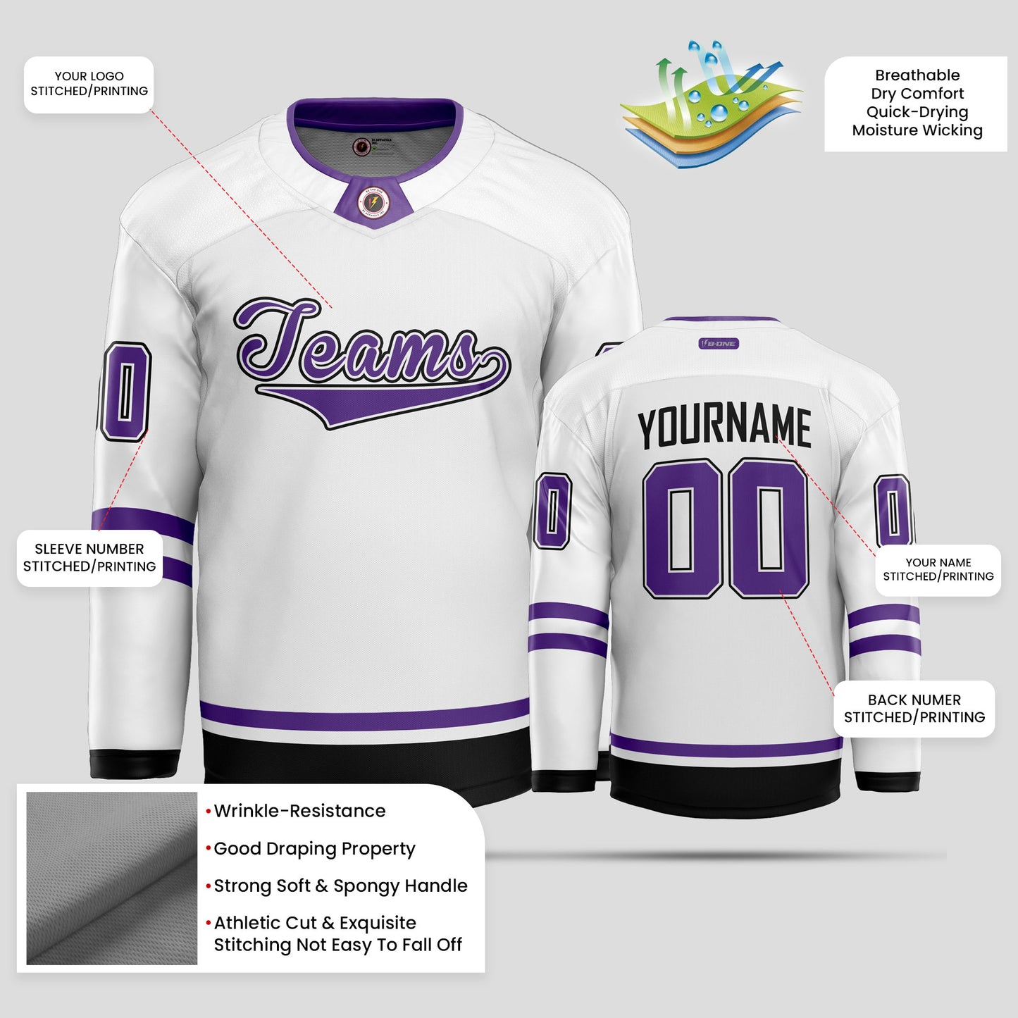 Custom High-Quality White, Black, and Purple Hockey Jersey - Premium & Personalized