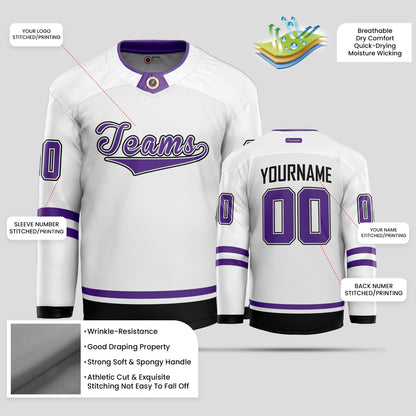 Custom High-Quality White, Black, and Purple Hockey Jersey - Premium & Personalized