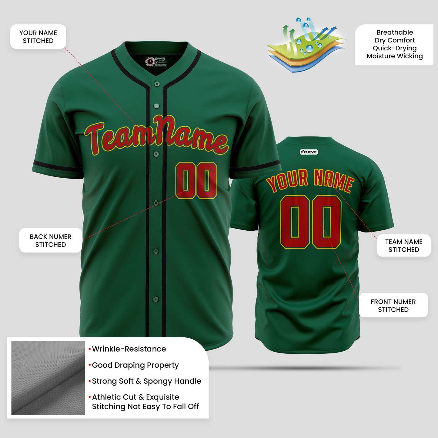 Custom Kelly Green Black Red Baseball Jersey - Premium Team Apparel