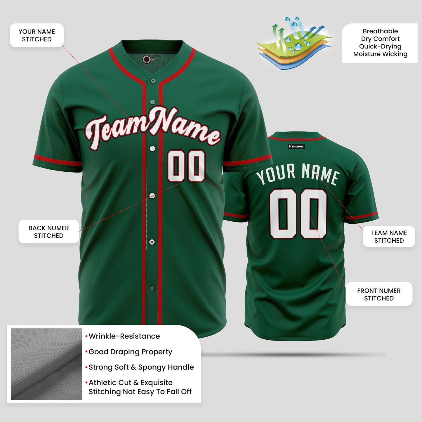 Custom Kelly Green Red White Baseball Jersey - Premium Teamwear