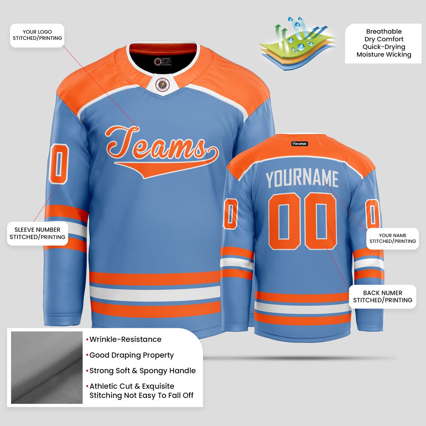 Custom Light Blue and Orange Street Wear Hockey Jersey