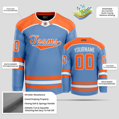 Custom Light Blue and Orange Street Wear Hockey Jersey