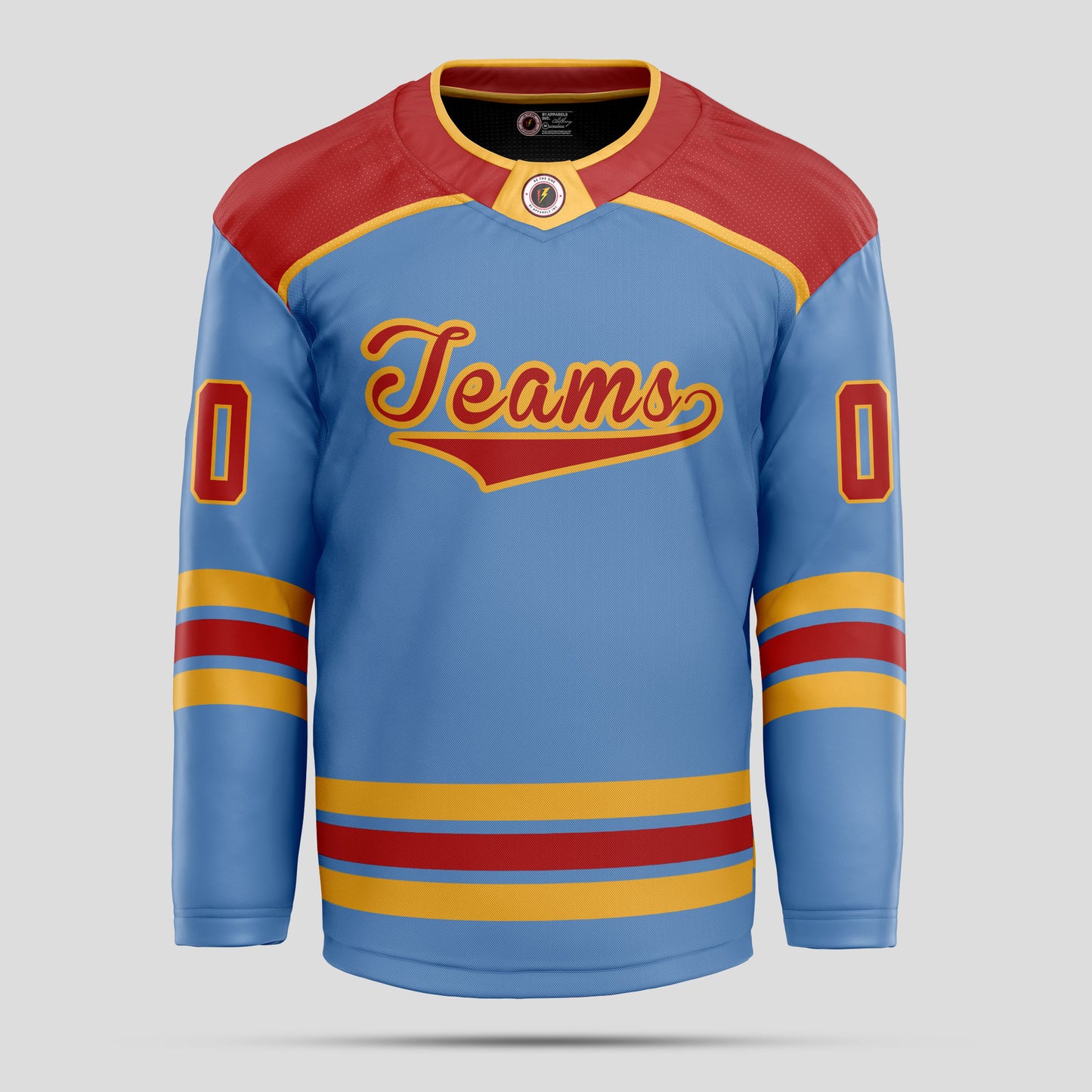 Custom Light Blue, Red, and Gold Hockey Jersey