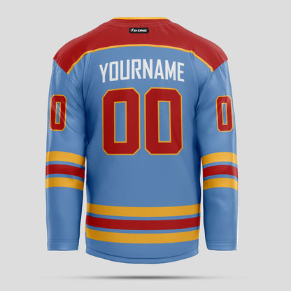 Custom Light Blue, Red, and Gold Hockey Jersey