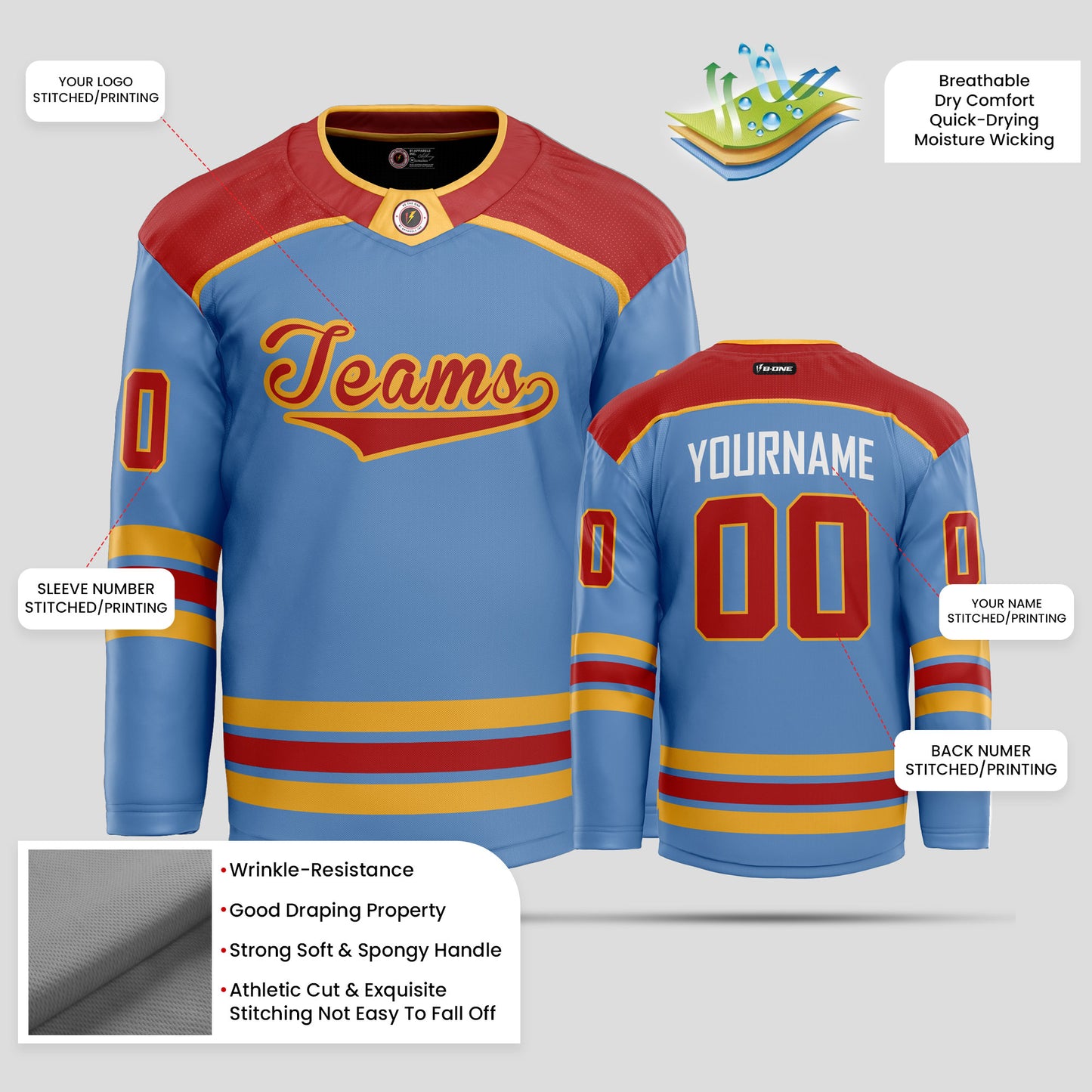 Custom Light Blue, Red, and Gold Hockey Jersey