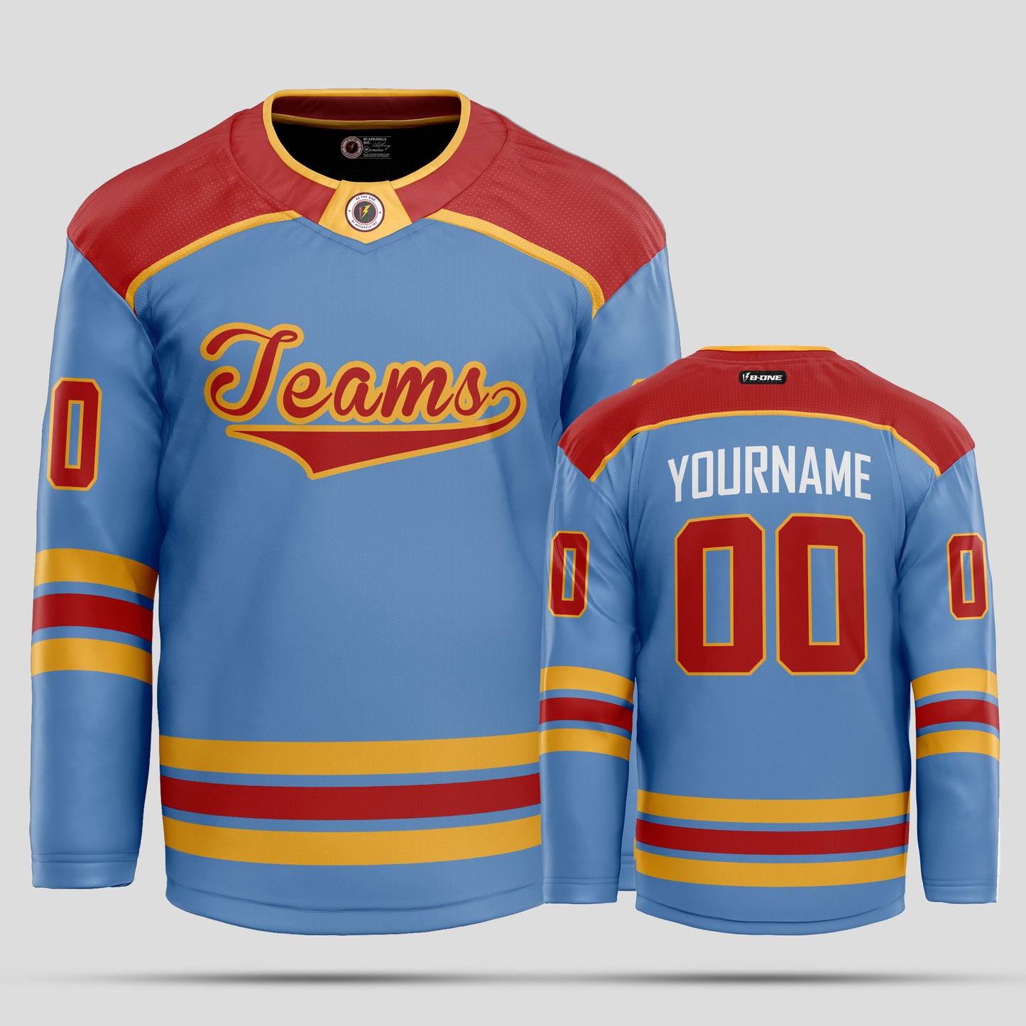 Custom Light Blue, Red, and Gold Hockey Jersey