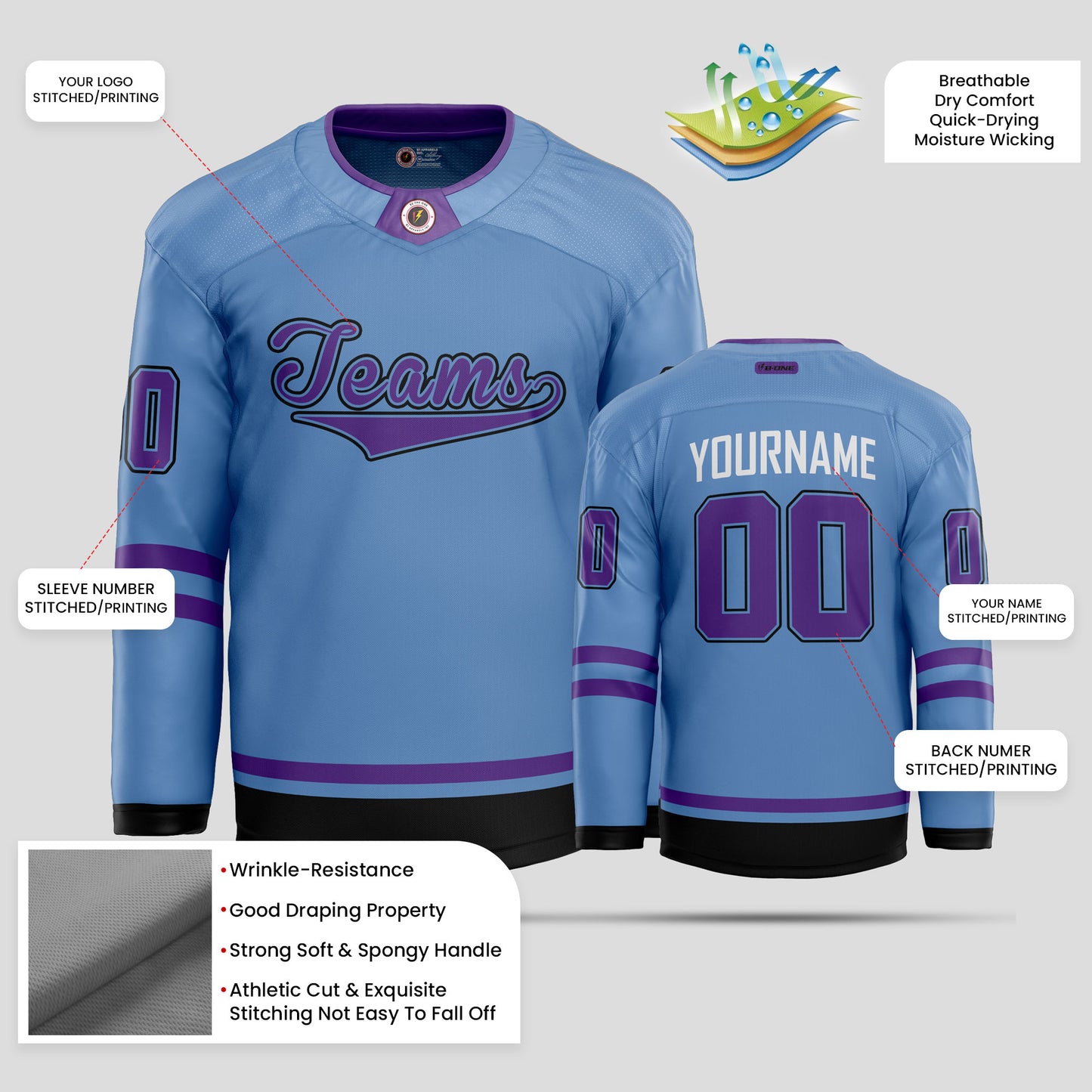 Custom Light Blue and Purple Authentic Hockey Jersey – Premium Personalized Gear