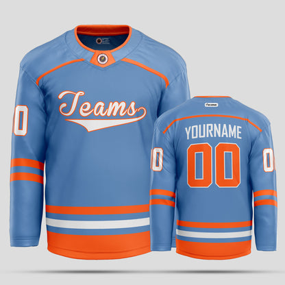 Custom Light Blue, Orange, and White Hockey Jersey