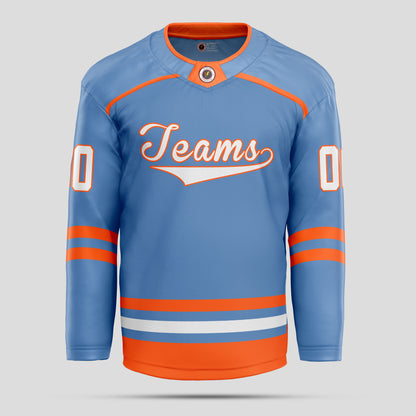 Custom Light Blue, Orange, and White Hockey Jersey