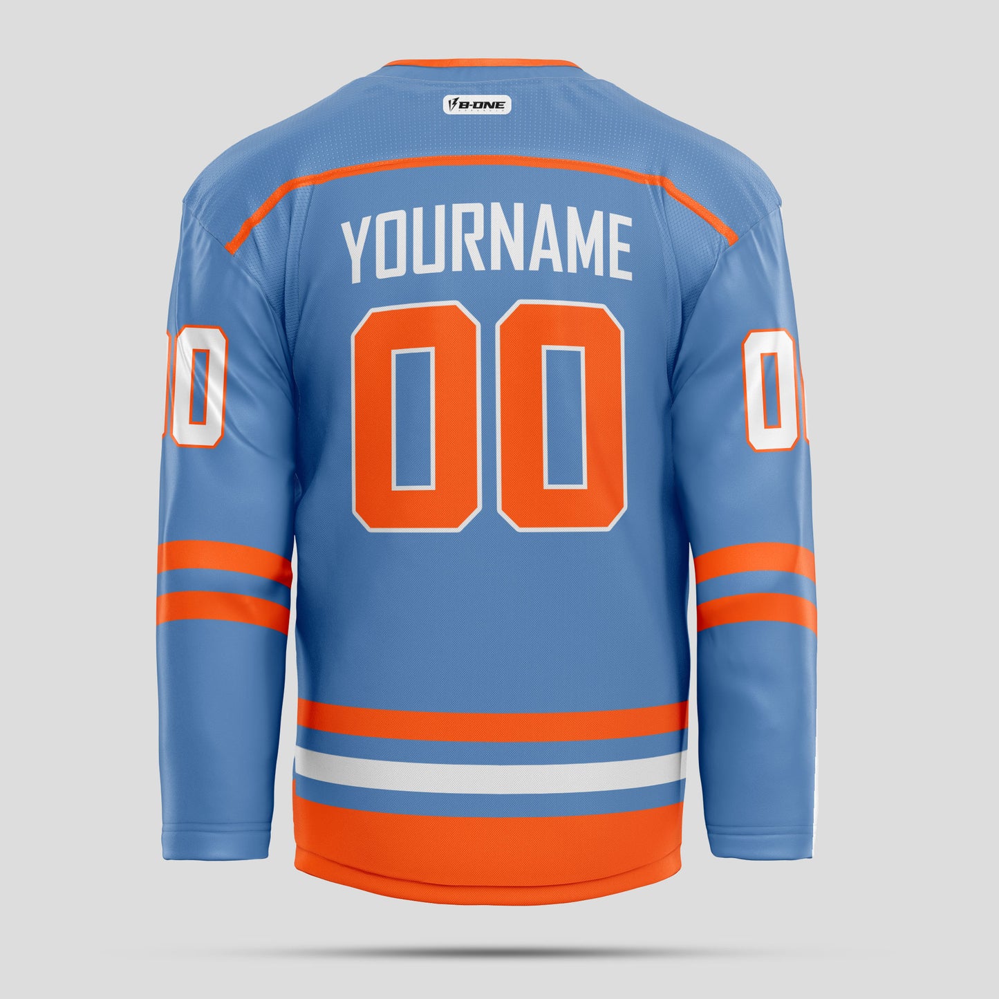 Custom Light Blue, Orange, and White Hockey Jersey