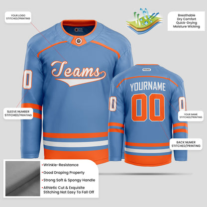 Custom Light Blue, Orange, and White Hockey Jersey