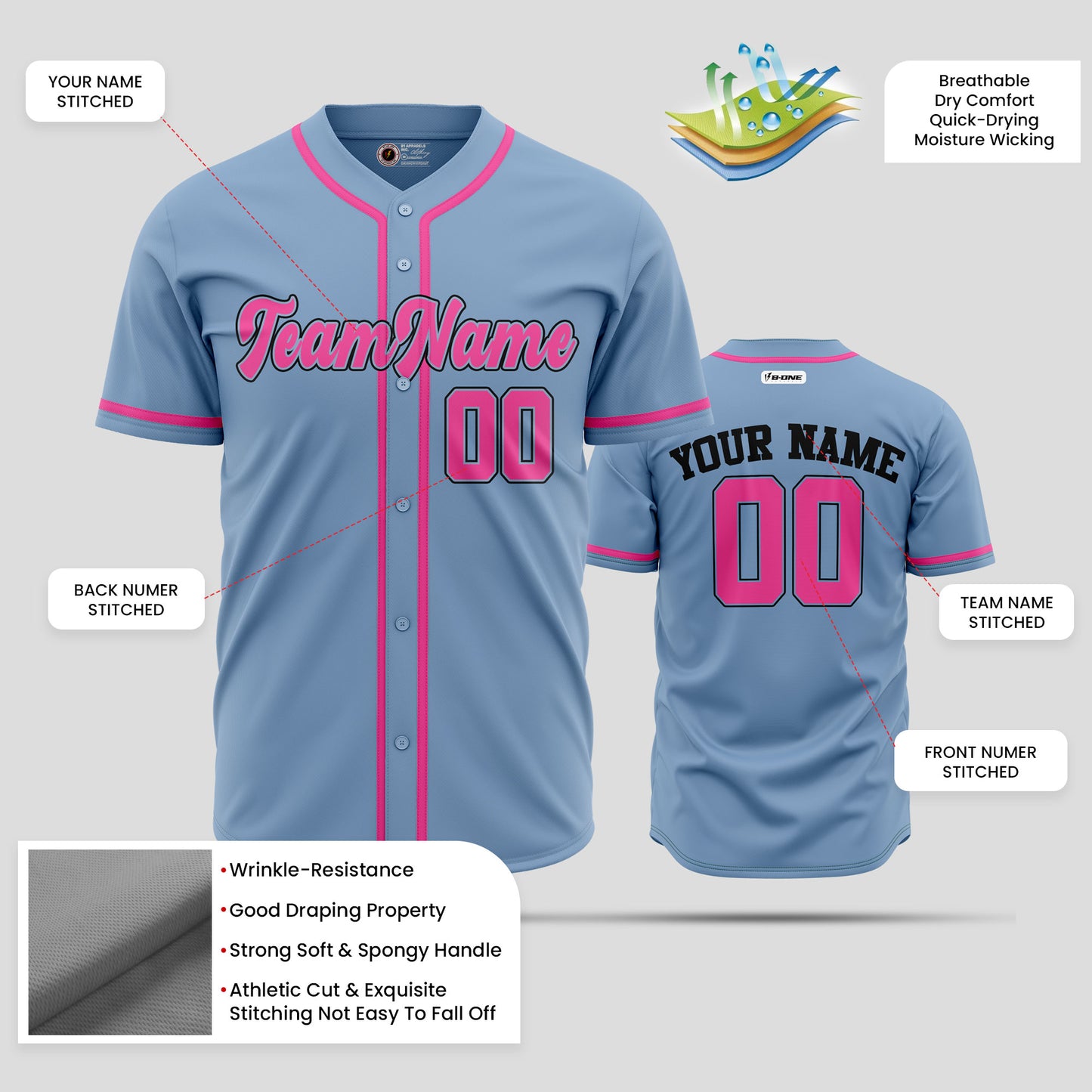 Premium Custom Light Blue & Pink Baseball Jersey