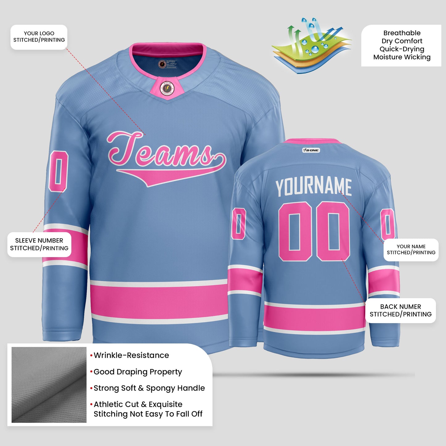 Custom Light Blue and Pink Streetwear Hockey Jersey – Trendy & Personalized