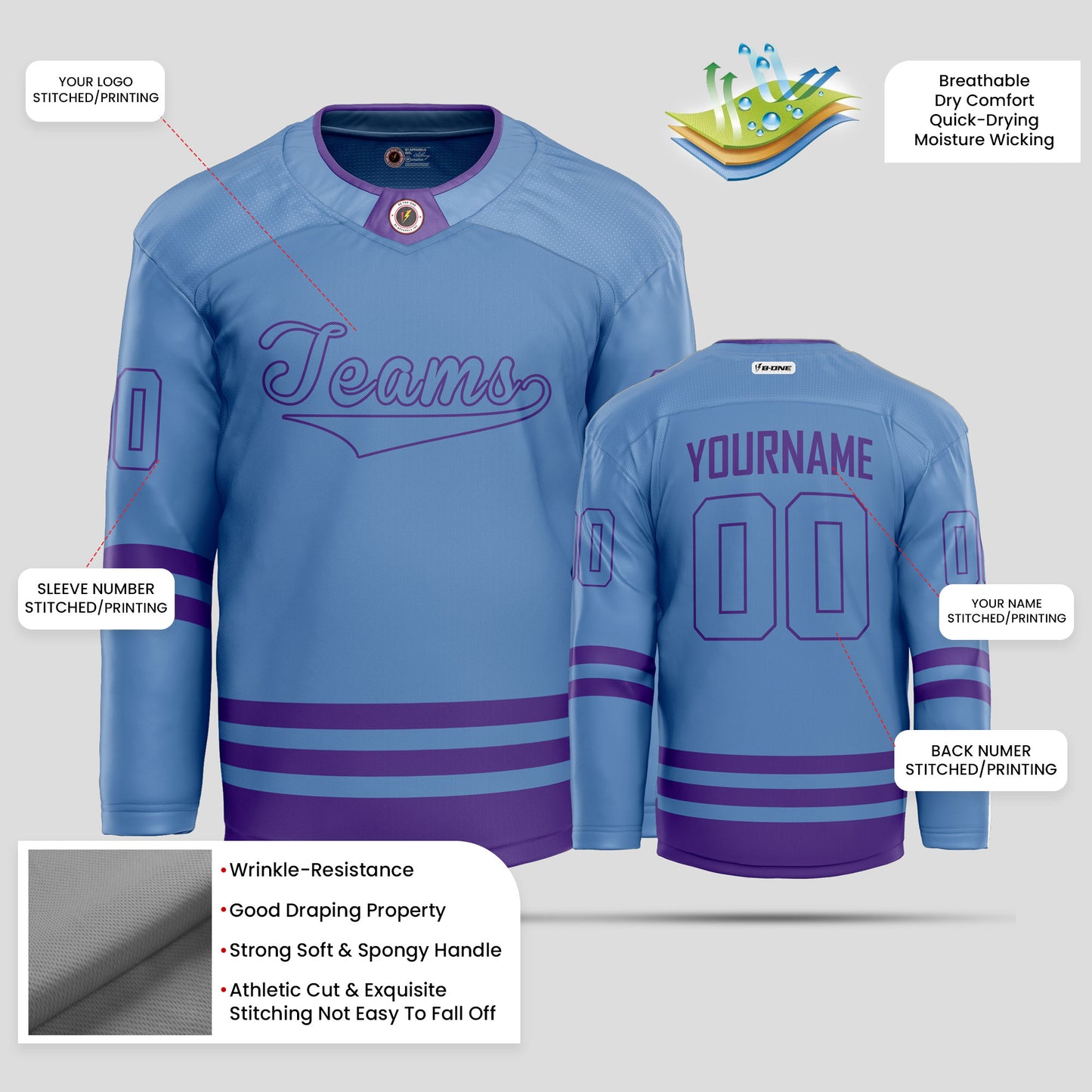 Custom Light Blue and Purple Hockey Jersey