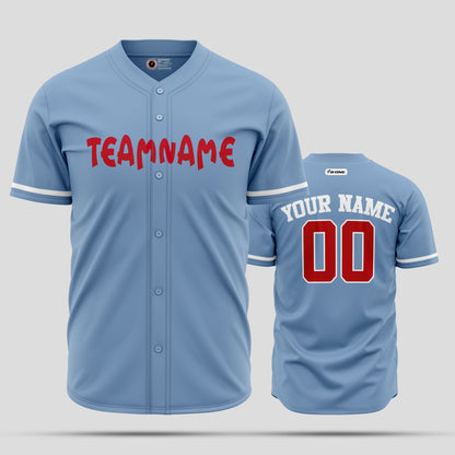 Custom Light Blue, Red & White Button-Up Baseball Jersey